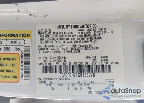 2016 Ford Fusion Se z USA, uszkodzony, nr VIN 3FA6P0H71GR135978